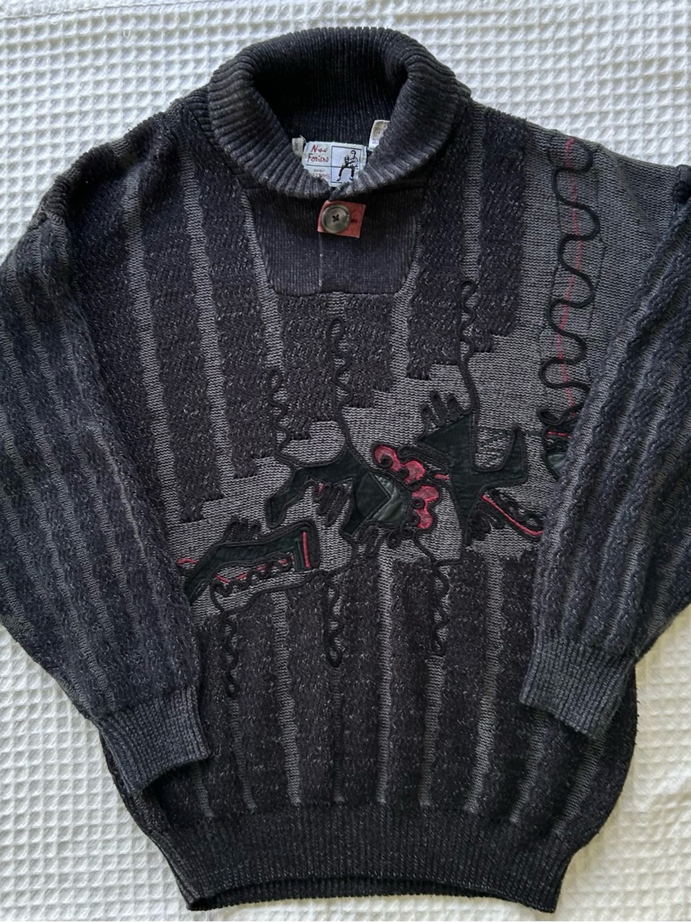 Vintage Eclectic Grandpa Sweater Shawl Collar Cabincore Fall Autumn Leather